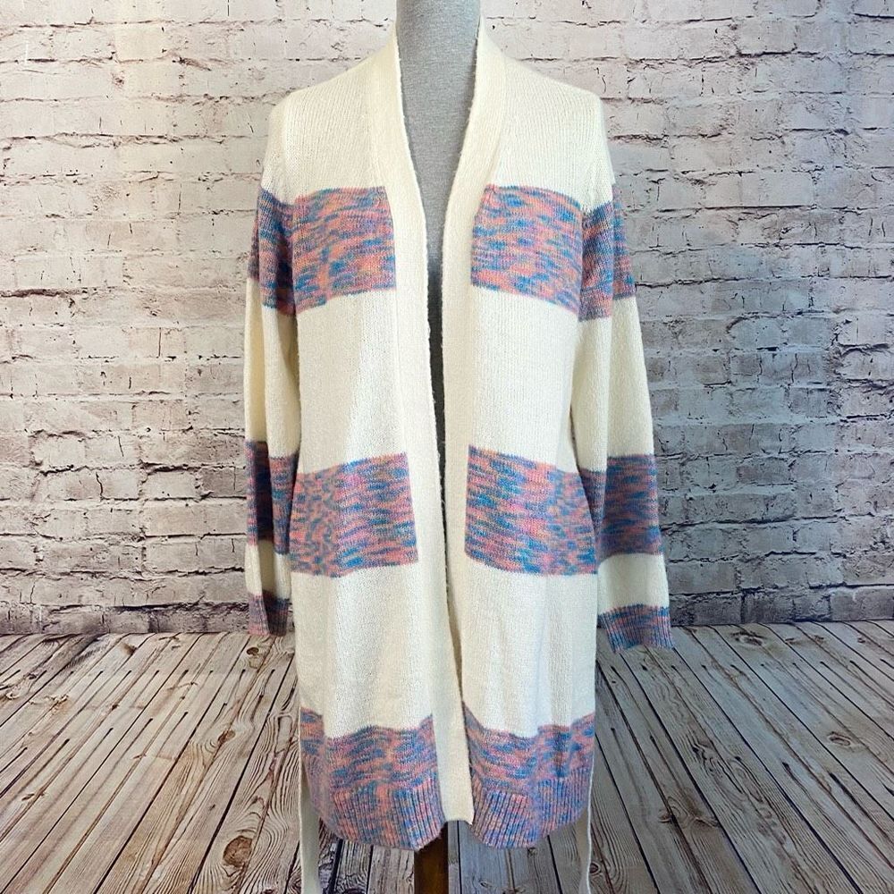 Lane Bryant Cozy Sweater Cardigan Duster Maxi Length Belted Striped Cream 14